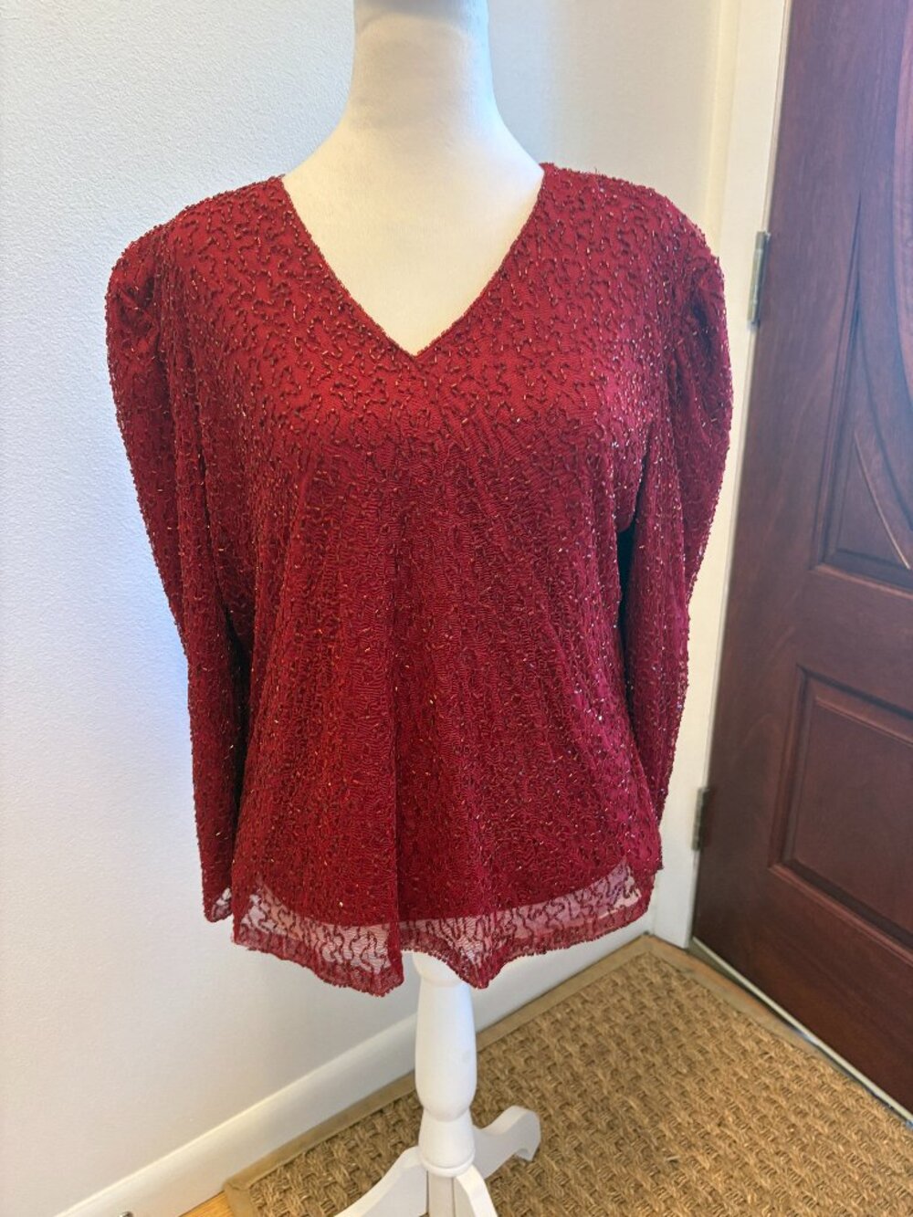 Chadwick's Sequin Long Sleeve Women's XL Blouse Burgundy Pullover Holidays